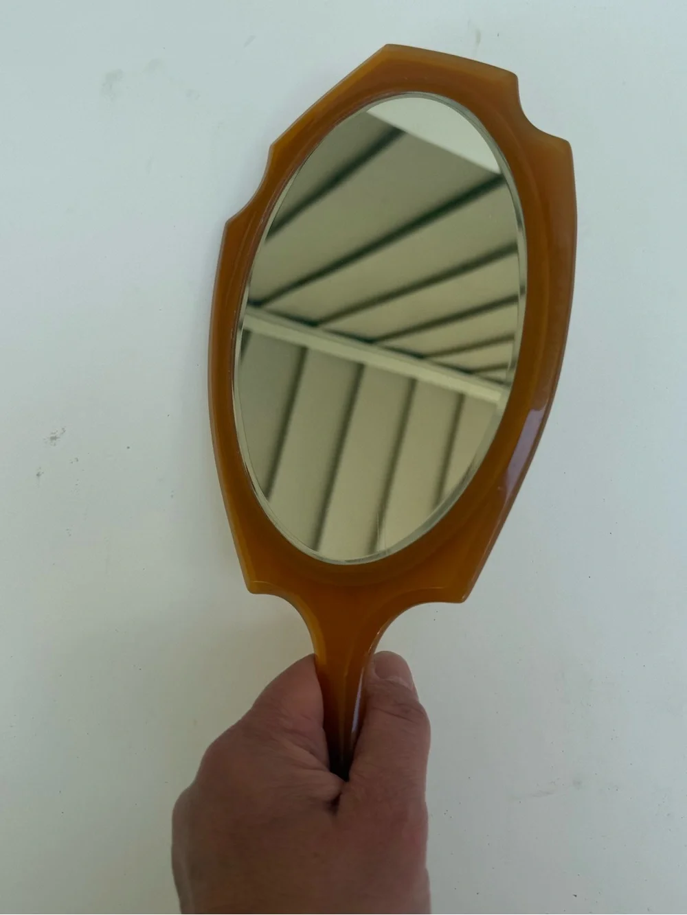 Vtg Art Deco Pearlized Celluloid Bakelite Hand Held Mirror -Beveled Glass READ